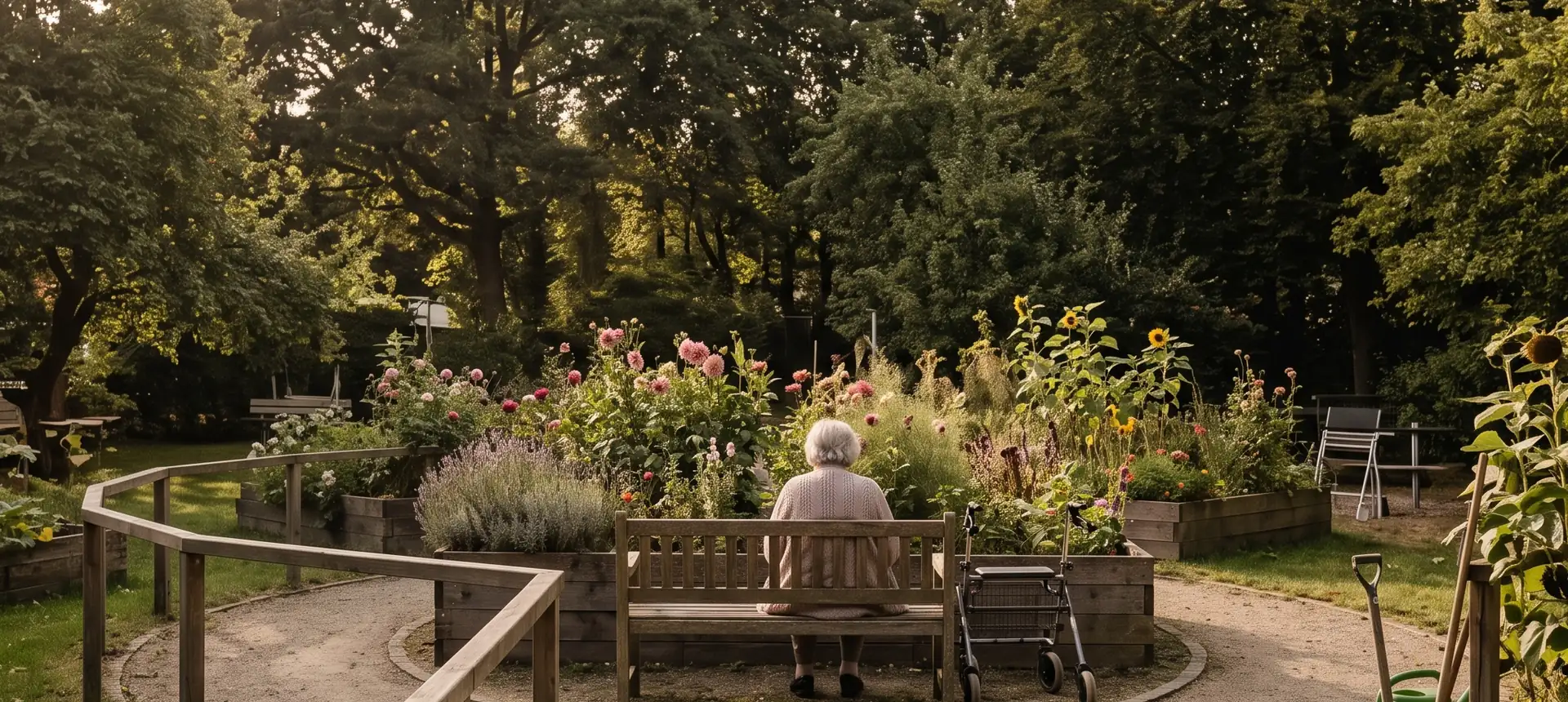 Der Rundweg im Garten, im Vordergrund ein Rollator neben einer Bank, spätes Licht.