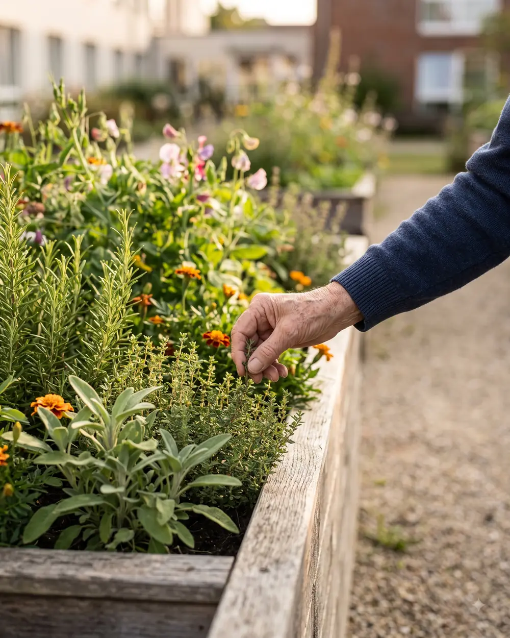 Blumenkasten in Rollstuhlhöhe, eine Hand greift nach einer Pflanze.