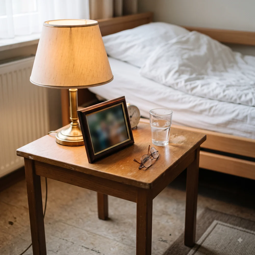 Nachttisch neben einem Pflegebett mit gerahmtem Foto und Leselampe.