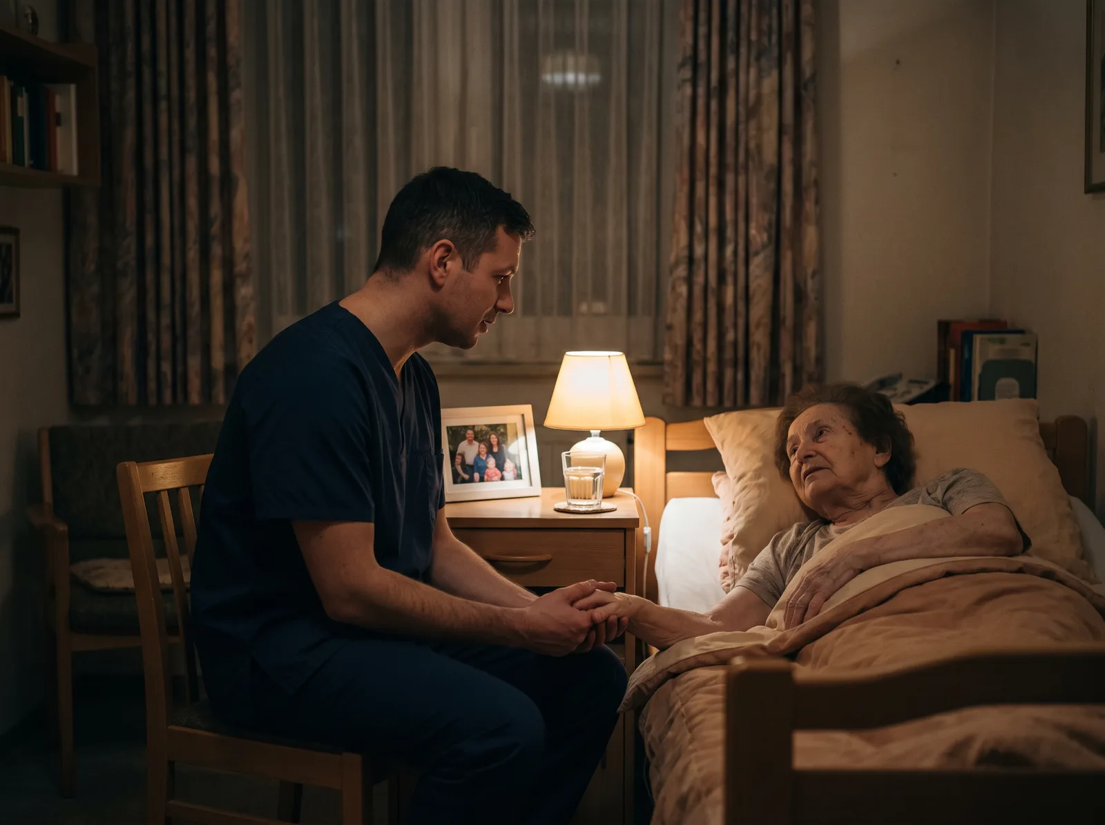 Nachts sitzt ein Pfleger am Bett einer älteren Frau, die nicht schlafen kann, und hält ihre Hand; nur die Nachttischlampe brennt.
