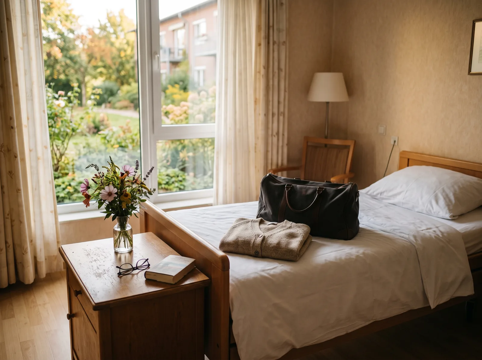 Ein Zimmer mit frisch bezogenem Bett, darauf eine gepackte Reisetasche und eine gefaltete Strickjacke; auf dem Nachttisch Blumen, Brille und Buch, draußen ein Garten.