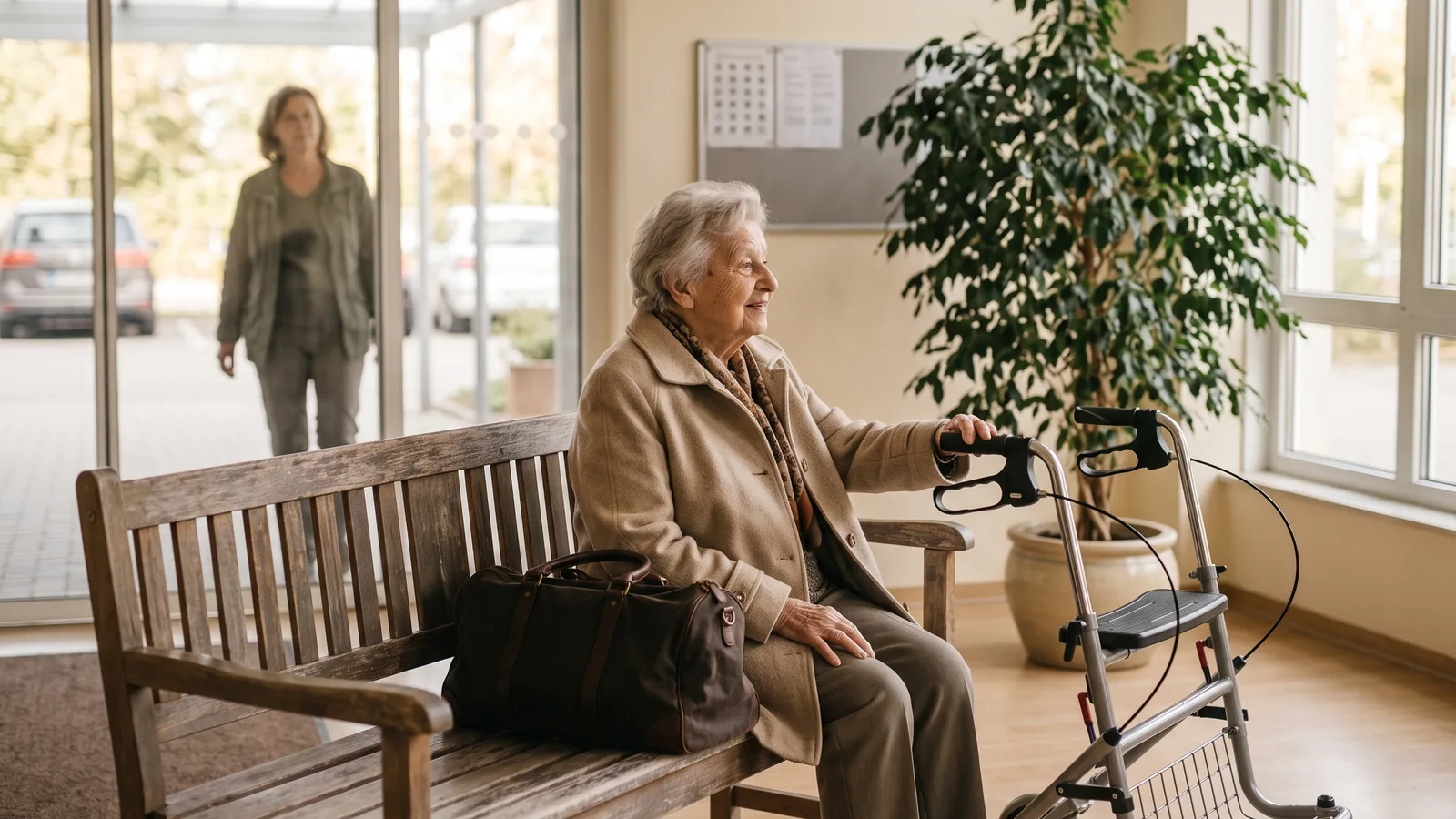 Eine ältere Frau in Mantel und Schal sitzt mit Reisetasche und Rollator auf einer Bank im Eingang und schaut zur Tür, durch die ihre Tochter hereinkommt.