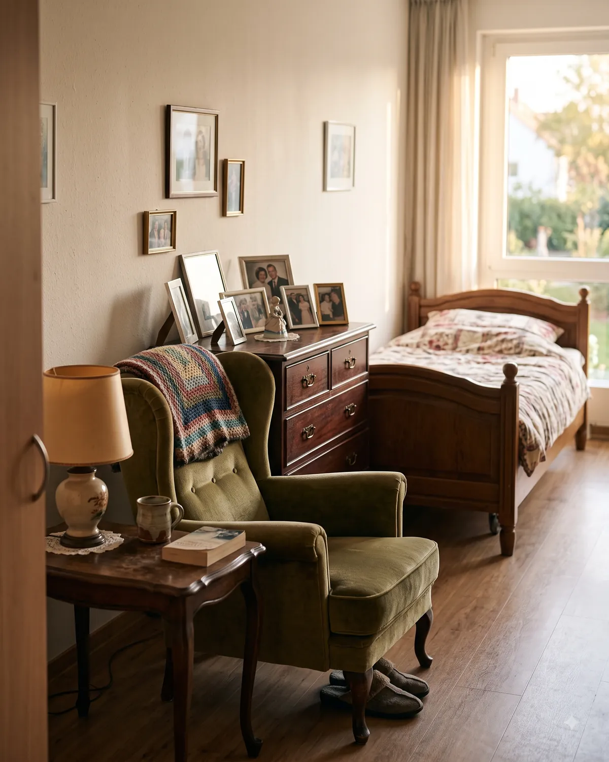 Bewohnerzimmer mit Pflegebett, eigenem Bad, Sessel am Fenster und mitgebrachten Möbeln.